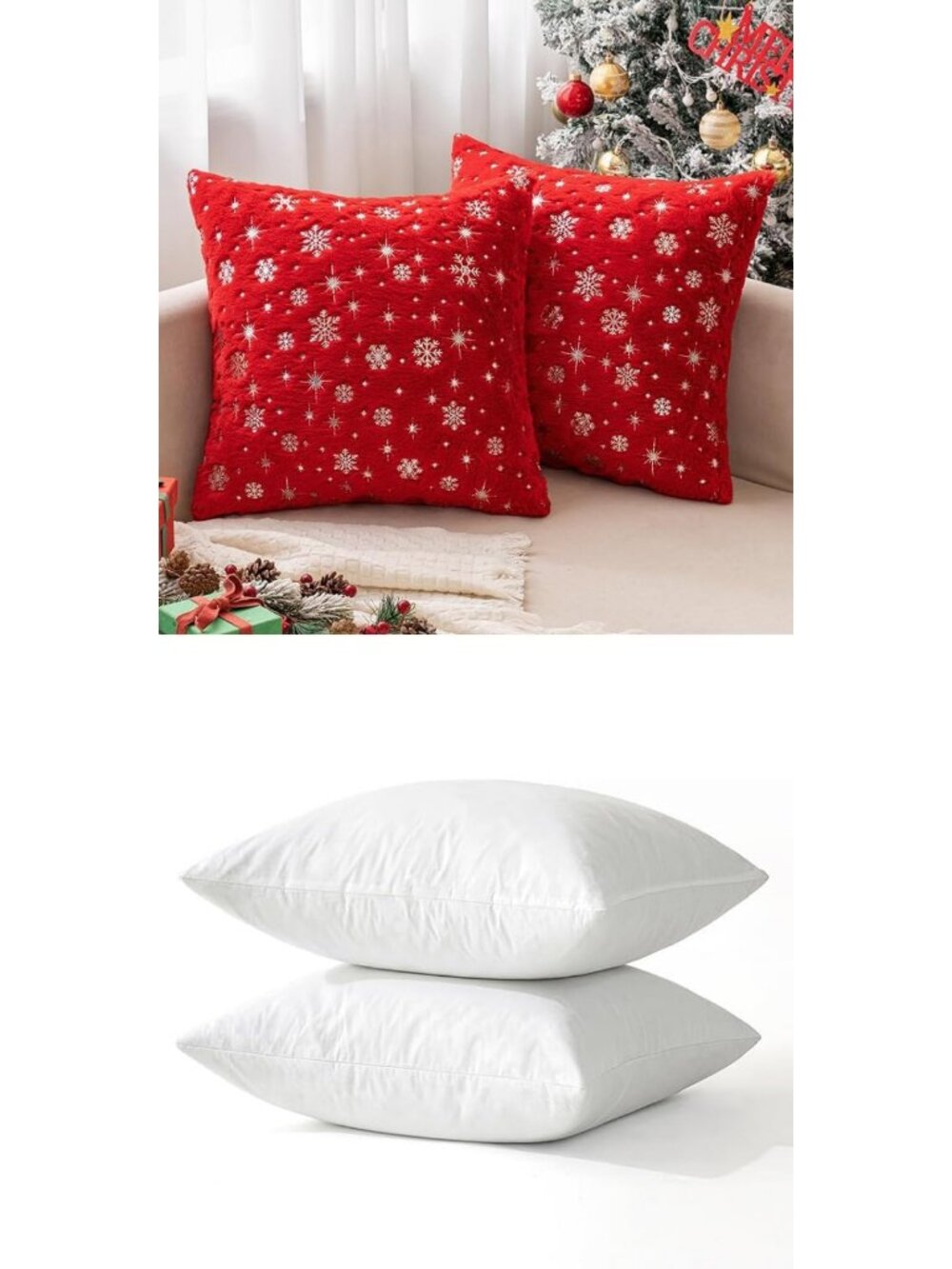 Cozy Set of 2 Red Christmas Throw Pillow Covers, Faux Fur with Snowflake